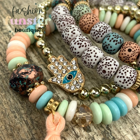 Hamsa Hand of Fatima Evil Eye Pastel Candy Colored Stackable Amulet Bracelet Set - Picture 7 of 9